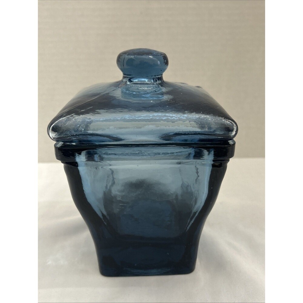 Vintage Blue Apothecary Glass Jar With Glass Lid Thick And Heavy